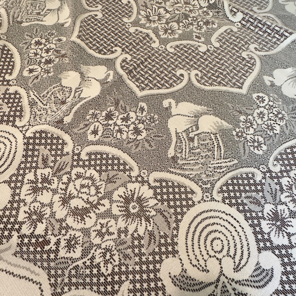 Vintage Tablecloth Cream Brown Flamingo Bird Floral Lace Round 62 Cottagecore